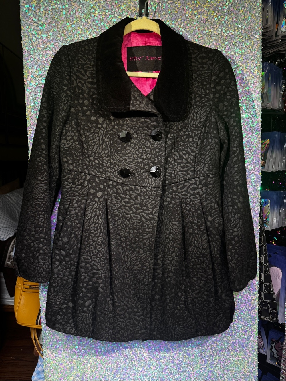 Betsey Johnson Black Animal Print Double-Breasted Pea Coat w/ Velvet Collar